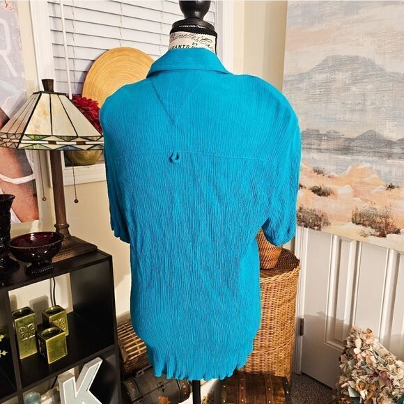 Vtg Melrose Rayon Blend Teal Ribbed Button Front Casual Blouse. - Picture 5 of 13